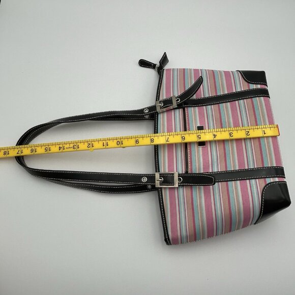 VINTAGE KATE SPADE NY Striped Satchel Pink Blue Coated Canvas Black Trim - RARE - Picture 10 of 16